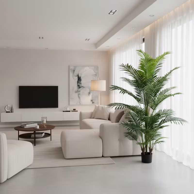 Previzualizare 2: Planta Artificiala Copac Tip Palmier Kentia, 3 tulpini, 30 frunze, 190 cm, Verde, cu Ghiveci