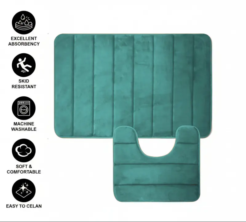 Previzualizare 2: Covorase de Baie, 80x50 cm / 50x40 cm, Verde, Antiderapant, Absorbant, Set 2 bucati