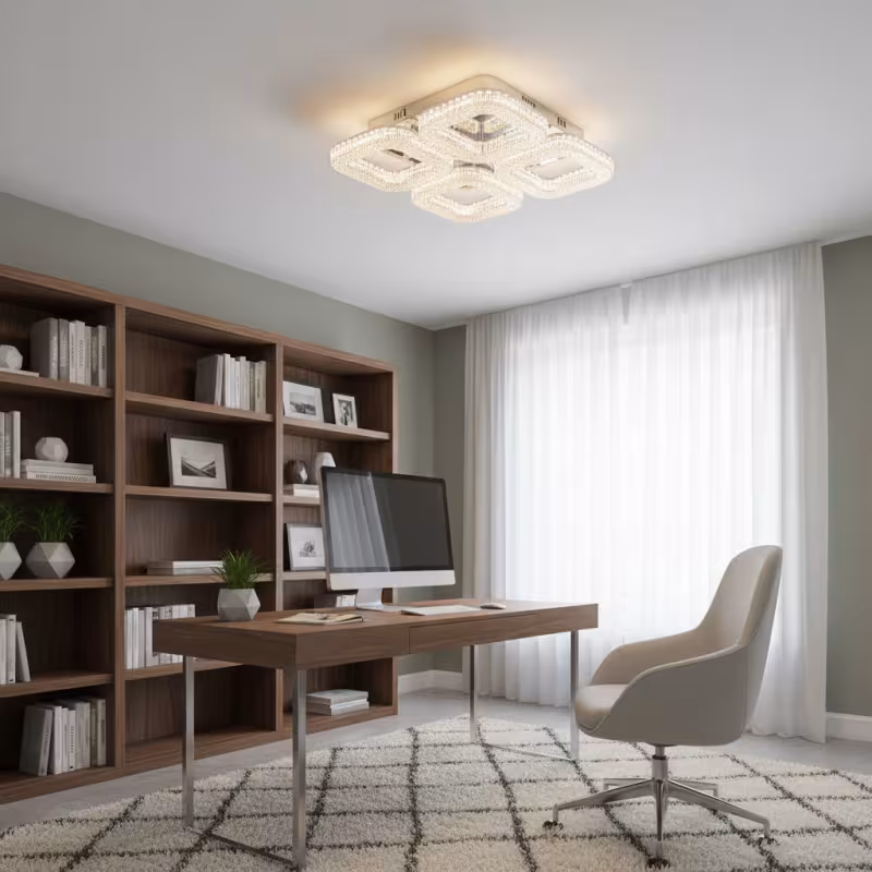 Lustra LED RENATO Nobile cu telecomanda si cristal, 54W, 4 Patrate, Lumina Rece/Calda/Neutra, Dimabila, Alb