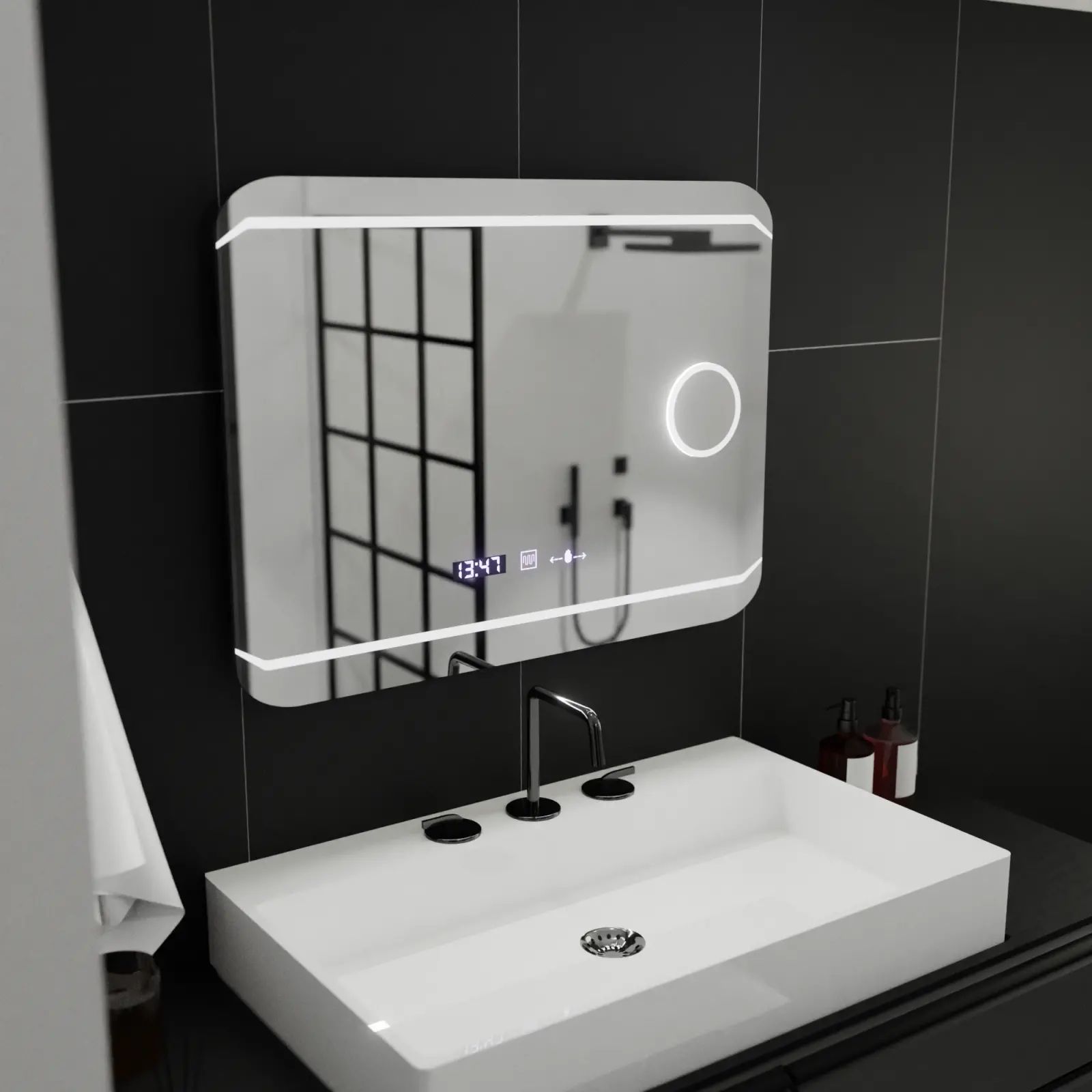 Oglinda LED Rectangulara, 80x60cm, Stile MotionGlow Marcello, Sistem Dezaburire, Ceas & Termometru, Lupa Cosmetica, Dimabila