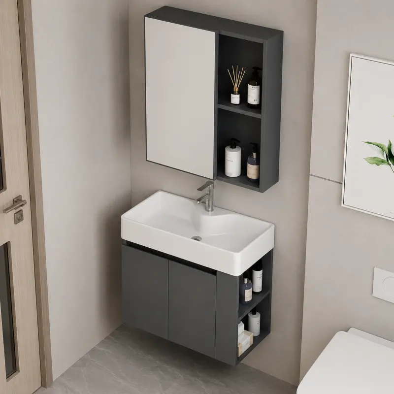 Previzualizare 2: Set Mobilier EVOQ pentru Baie ,Dulap Lavoar+Dulap Oglinda 80cm, 2 Piese, Gri si Alb