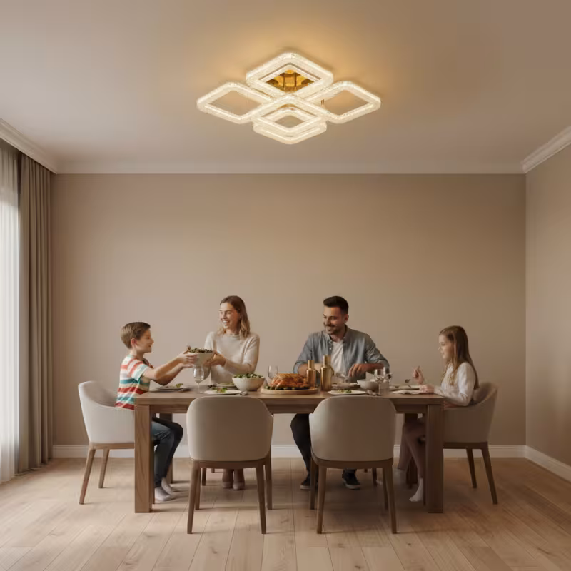 Previzualizare 3: Lustra LED RENATO Magno cu telecomanda si cristal, 118W, 5 Patrate, Lumina Rece/Calda/Neutra, Dimabila, Auriu