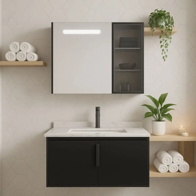 Previzualizare 2: Set Mobilier pentru Baie RHODOS, 80cm, 2 Piese, Negru si Alb