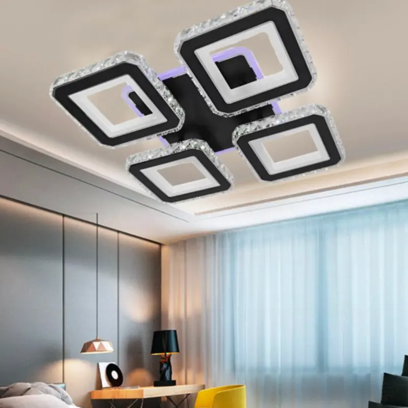 Previzualizare 4: Lustra LED cu telecomanda si cristal LEILA RGB 69W, 4 Patrate, lumina Rece/Calda/Neutra, Dimabila, Negru