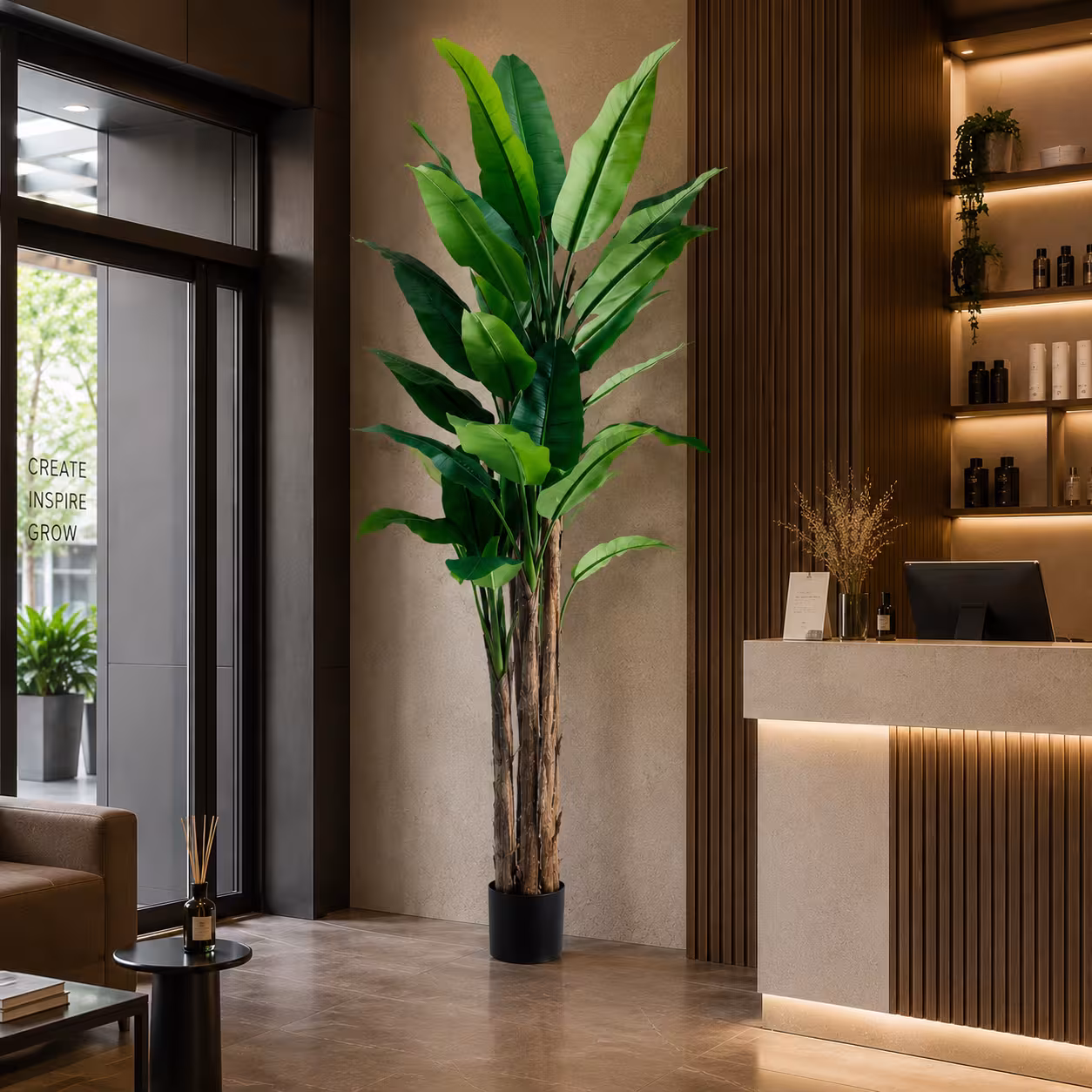 Planta Artificiala Copac Tip Bananier, 210 cm, 31 frunze, Verde, cu Ghiveci