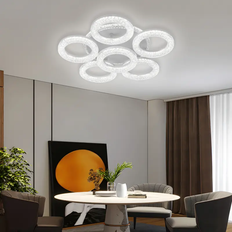 Lustra LED FREJA cu Telecomanda, 51cm, 90W, 3000K/4000K/6000K, Dimabil, Alb, Cristale, 6 Cercuri