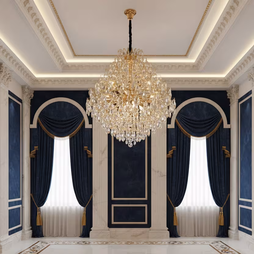 Candelabru Cristal KONIG Supremo, 24xE14, D100 cm, Auriu, Inaltime Reglabila, Metal si Cristal