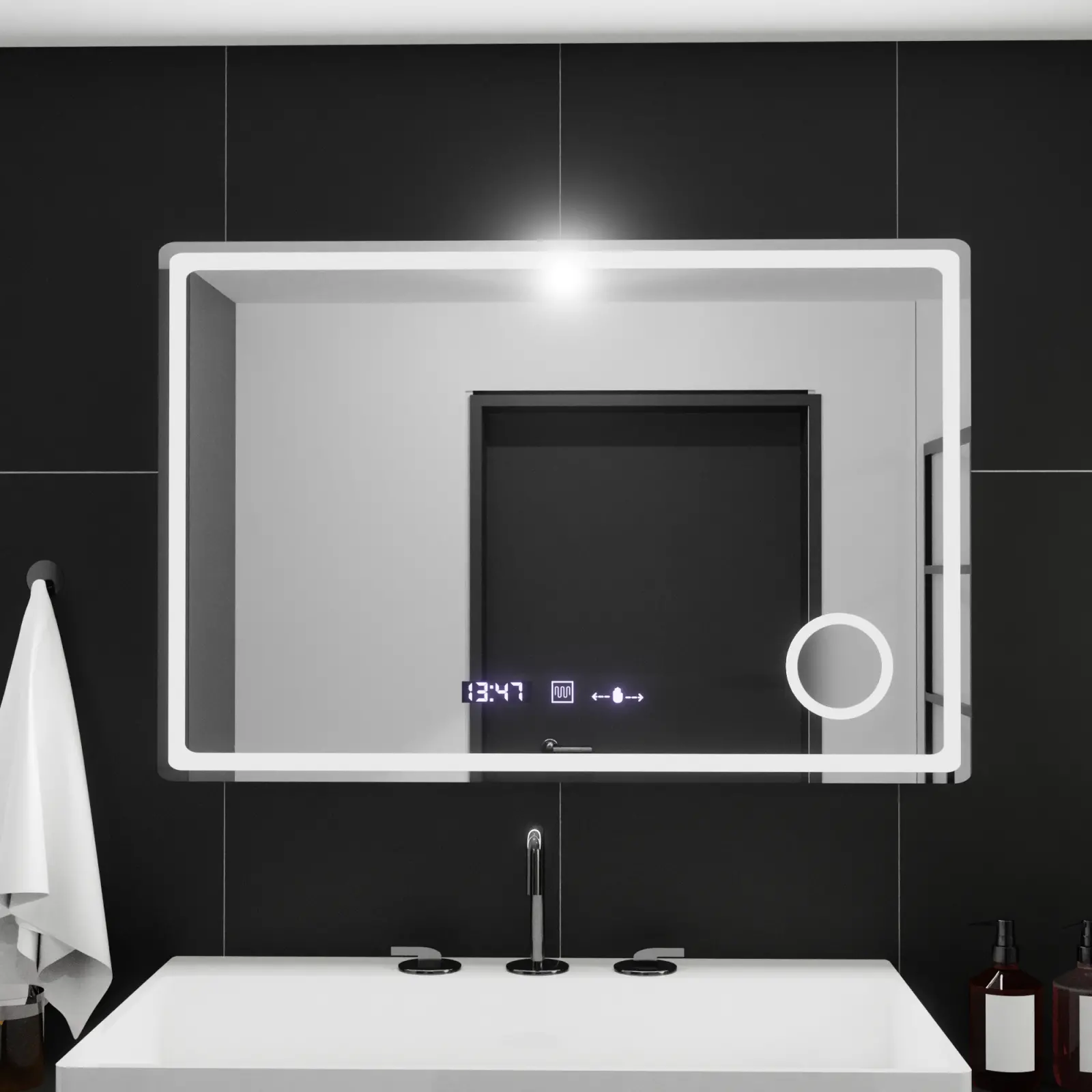 Oglinda LED Rectangulara, 90x60cm, Velour MotionGlow Marcello, Sistem Dezaburire, Ceas & Termometru, Lupa Cosmetica, Dimabila