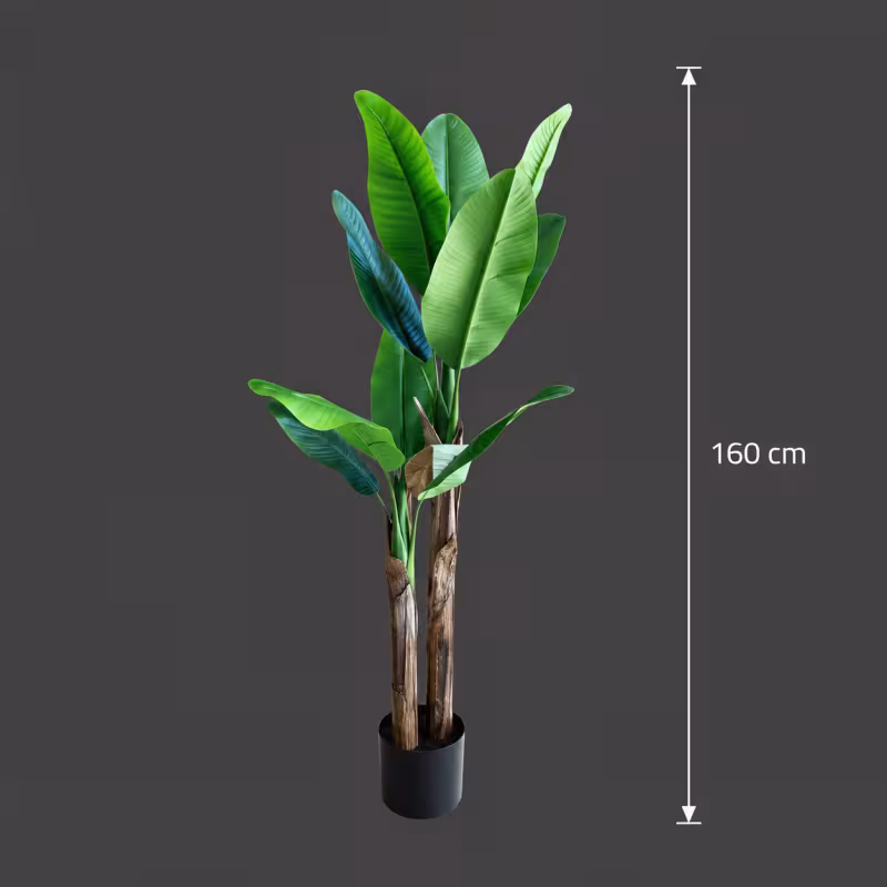Previzualizare 4: Planta Artificiala Copac Tip Bananier, 160 cm, 2 tulpini, 10 frunze, Verde, cu Ghiveci