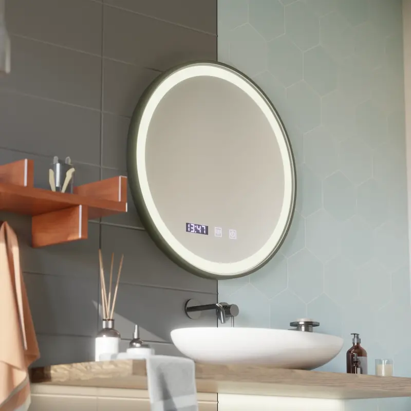 Previzualizare 4: Oglinda LED Touch NOVARA Sistem Dezaburire, Ceas si Temperatura 90 cm Rama Negru Brushed