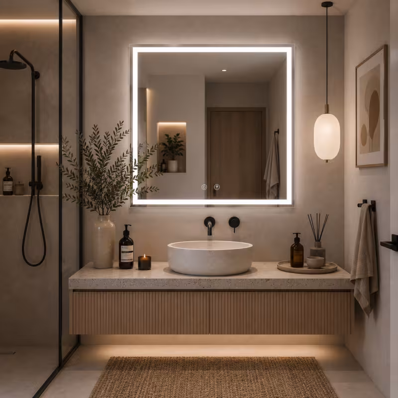 Previzualizare 2: Oglinda LED WAMOSK, 52W, 75x90cm, Alb, Senzor, Lumina 3000K, 4000K, 6000K, Sistem Dezaburire, Metal, Functii Ceas si Temperatura