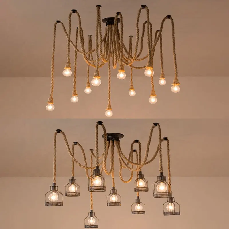 Previzualizare 3: Lustra Vintage LV121/10BK, 10xE27, Rustic, Sfoara si Metal, 2x100cm, Suport Negru