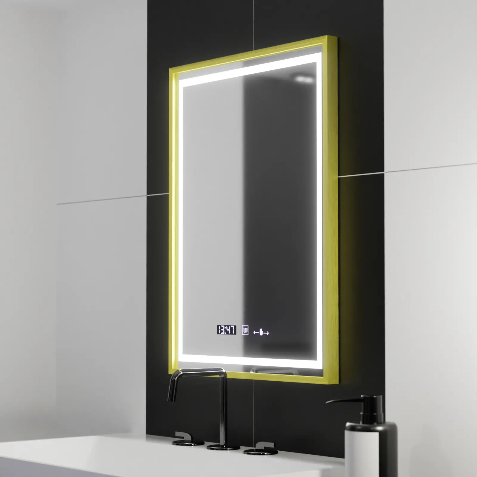 Oglinda LED Rectangulara, 50x70cm, Verite Royale Gold Motion Glow Marcello, Sistem Dezaburire, Ceas & Termometru, Dimabila
