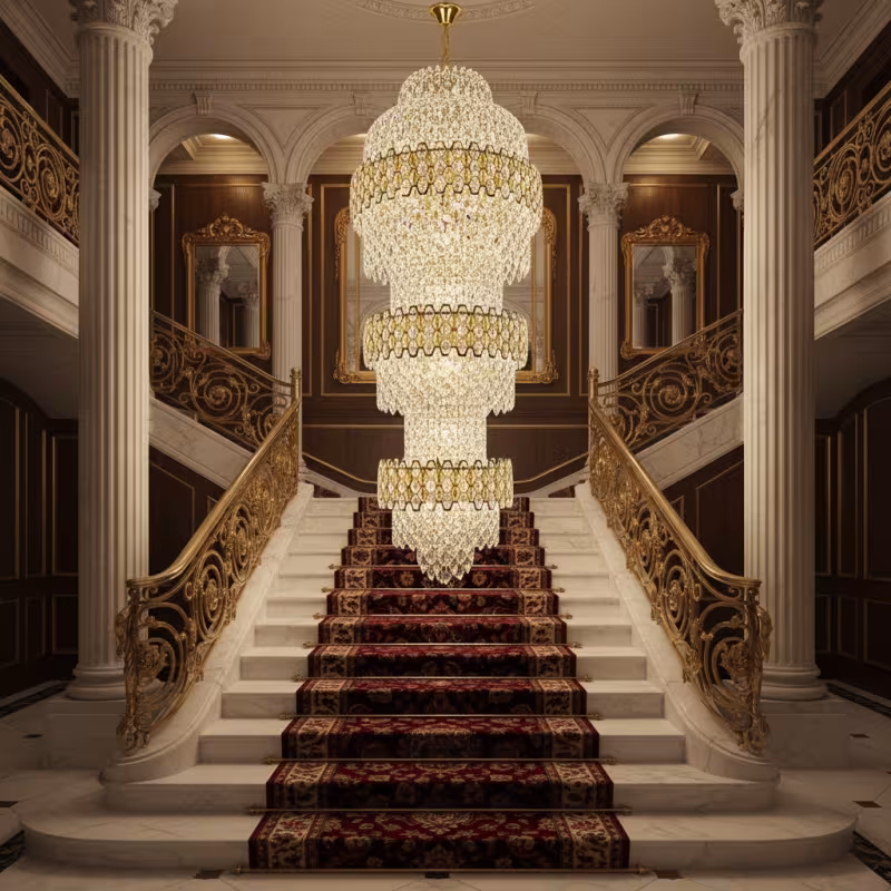 Candelabru Cristal TRIO Magno 49xE14, Diametru 65cm, Inaltime 200cm, Auriu Lucios, Inaltime Reglabila, Design Elegant