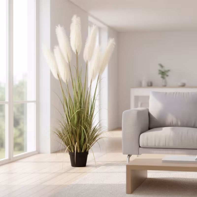 Planta Artificiala Iarba Ornamentala, 220cm, cu 7 fire, Stuf si Iarba, Verde si Alb, Fara Ghiveci