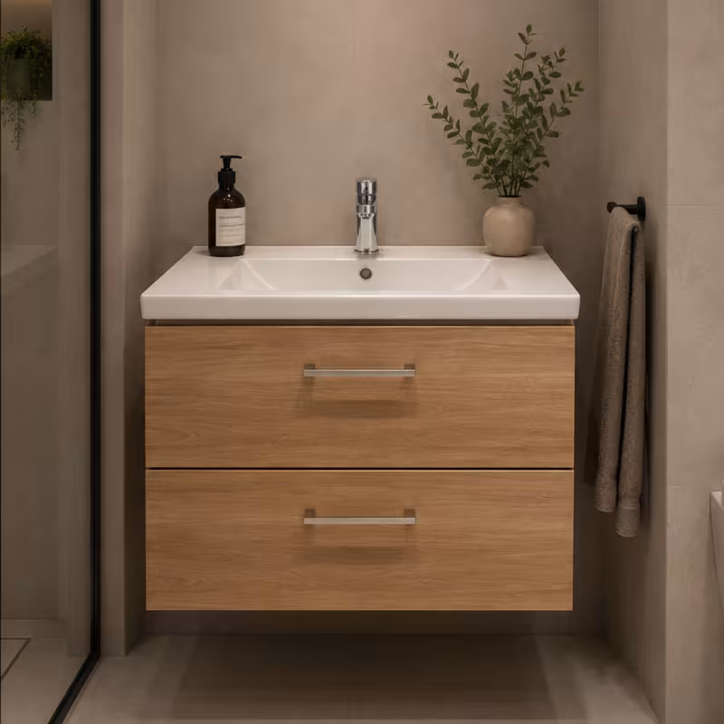 Set Mobilier CELO pentru Baie, Dulap Lavoar, 2 Sertare, Alb si Maro