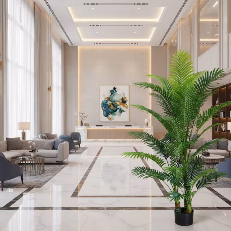 Previzualizare 2: Planta Artificiala Copac Tip Palmier Kentia, 3 tulpini, 17 frunze, 220 cm, Verde, cu Ghiveci