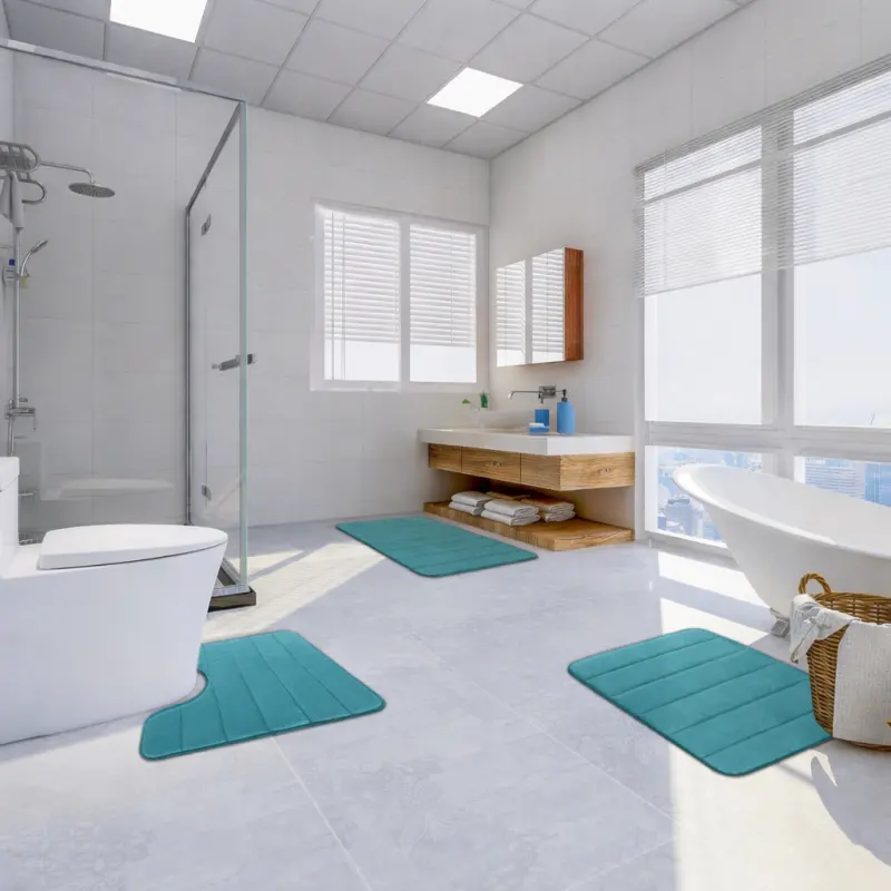 Previzualizare 3: Covorase de Baie, 80x50 cm / 50x40 cm, Verde, Antiderapant, Absorbant, Set 2 bucati