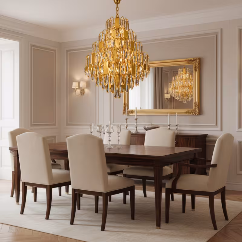 Previzualizare 3: Candelabru Cristal TIER Magno 13xE14, D60 cm, Auriu, Inaltime Reglabila, Metal si Cristal