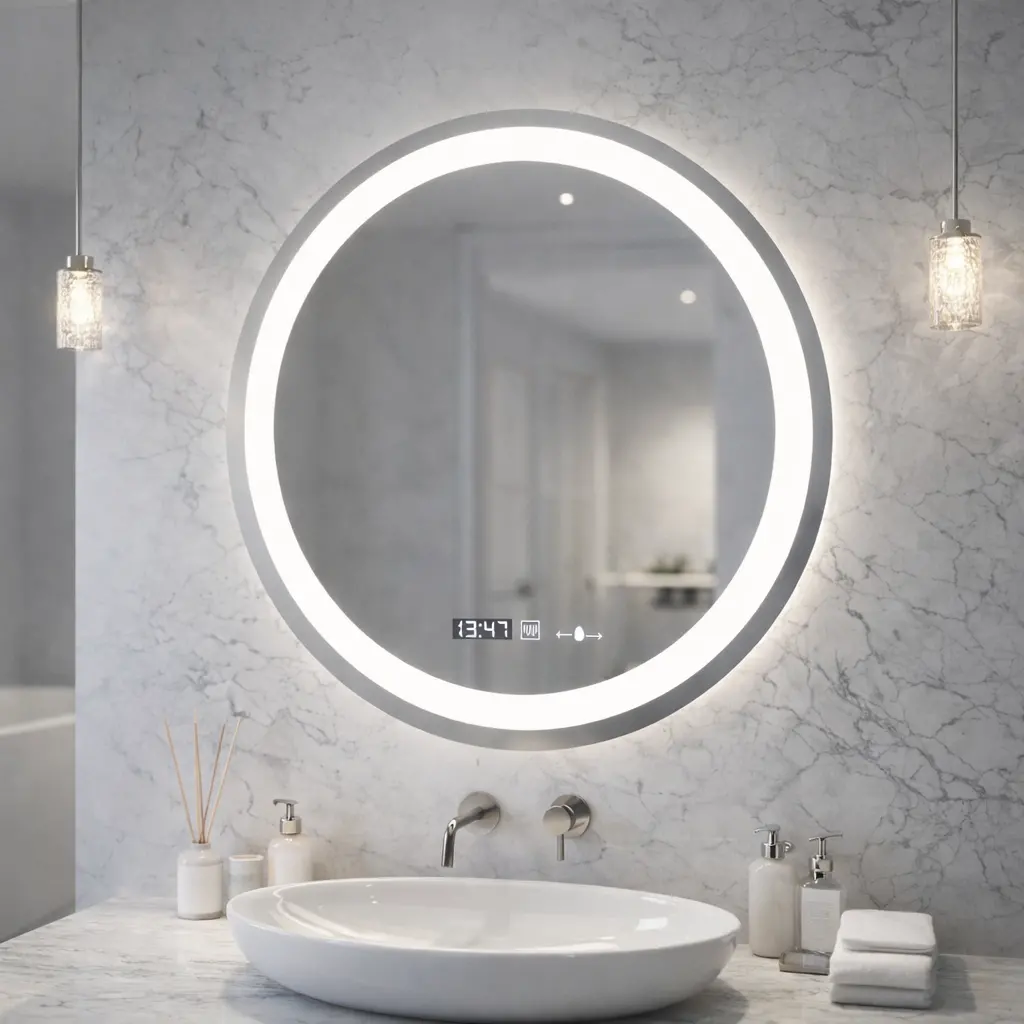 Oglinda LED Rotunda, Diametru 50cm, Celeste MotionGlow Marcello, Sistem Dezaburire, Ceas & Termometru, Dimabila, Lumina Calda Neutra Rece 3000K/4000K/6000K