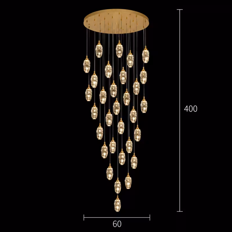 Previzualizare 4: Candelabru Cristal AROHA LED cu Telecomanda, Suspendat, 30 Surse, 90W, Lumina Calda/Neutra/Rece, Diametru 60cm, Inaltime Reglabila, Auriu, Metal si Cristal