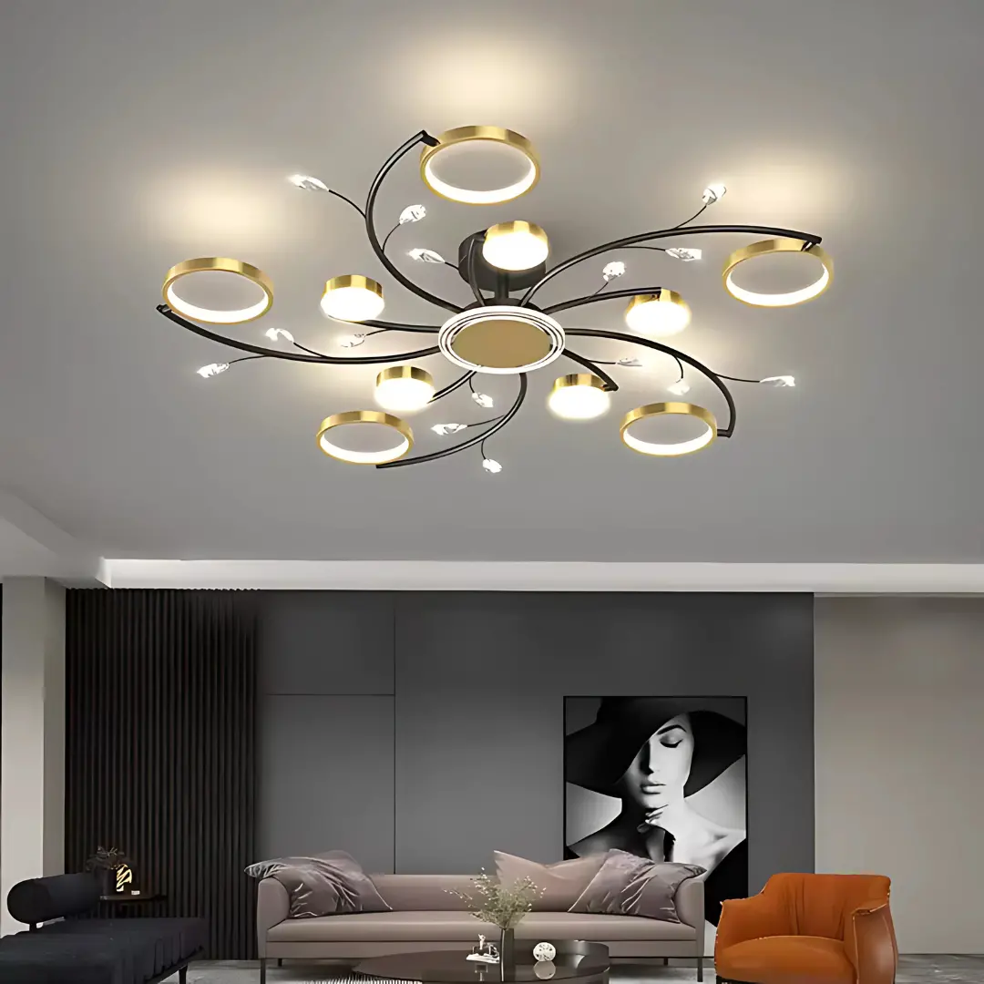 Lustra LED cu Telecomnda KARINA, 68W, 10 Elemente, Lumina Calda/Rece/Neutra, Dimabila, Auriu