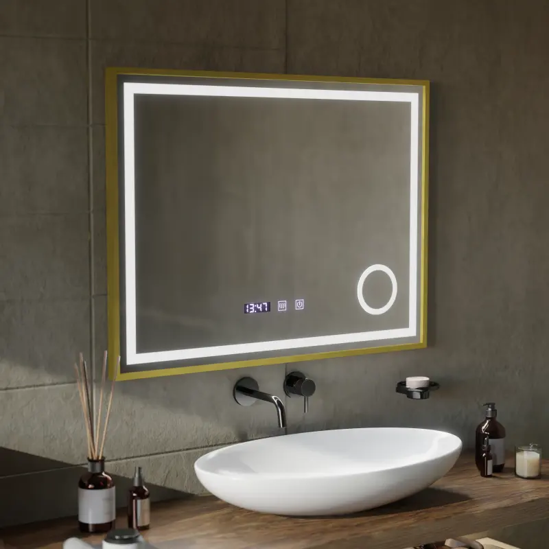 Oglinda LED Touch CLARUS Sistem Dezaburire, Ceas si Temperatura 80x60 cm Rama Auriu Brushed Lupa Cosmetica
