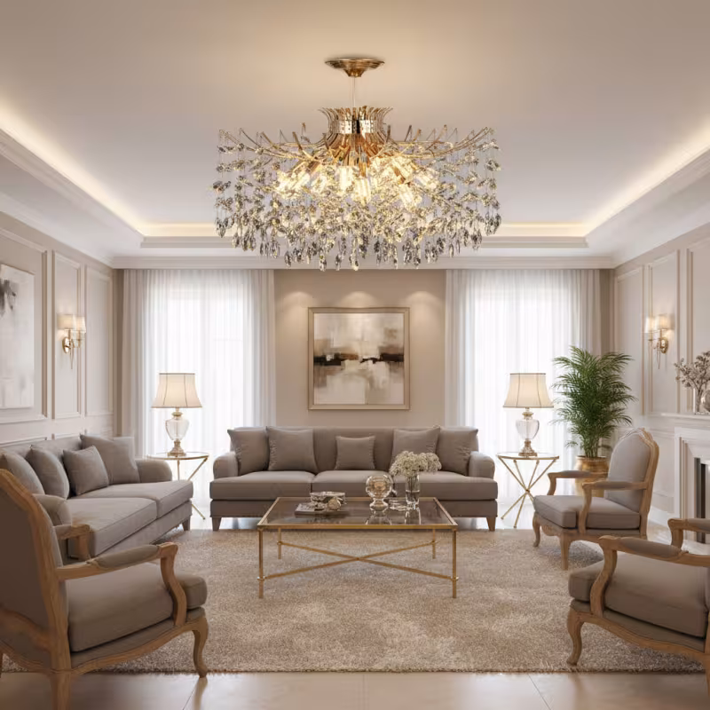 Previzualizare 2: Candelabru Cristal PROWES Regalis, 14xE14, D80 cm, Auriu, Inaltime Reglabila, Metal si Cristal