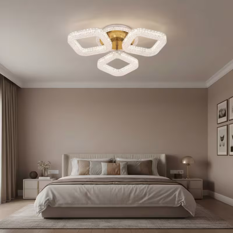 Lustra LED RENATO Nobile cu telecomanda si cristal, 39W, 3 Patrate, Lumina Rece/Calda/Neutra, Dimabila, Auriu