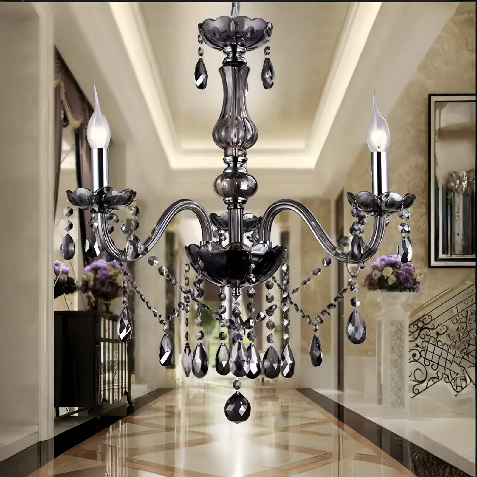 Candelabru Cristal AUGUST Eleganza, 3xE14, Diametru 48cm, Negru, Inaltime Reglabila