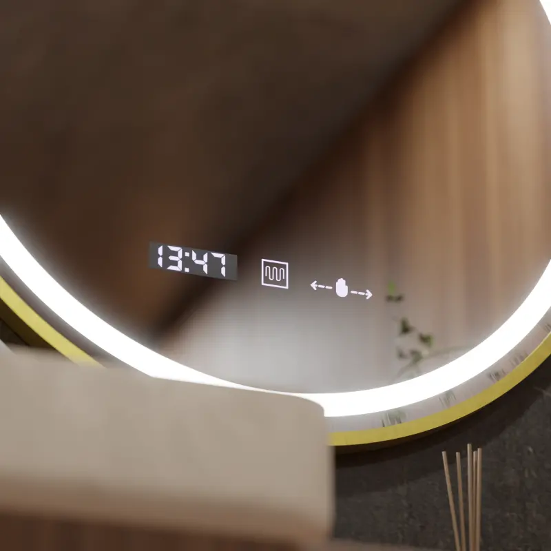 Previzualizare 2: Oglinda LED Senzor MotionGlow Faratya Sistem Dezaburire Termometru si Ceas Rama Auriu Periat Rotunda Diametru 100 cm Lumina Rece/Calda/Neutra Dimabila Colectia Marcello Funghi