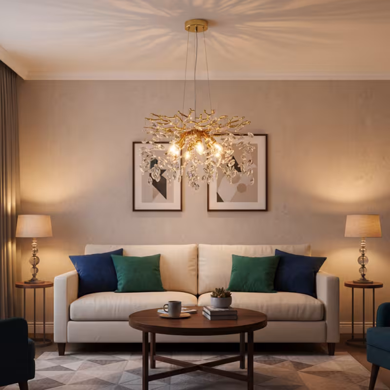 Previzualizare 3: Candelabru Cristal LEAF Eleganza, Φ50cm, 6xE14, Auriu, Metal si Cristal