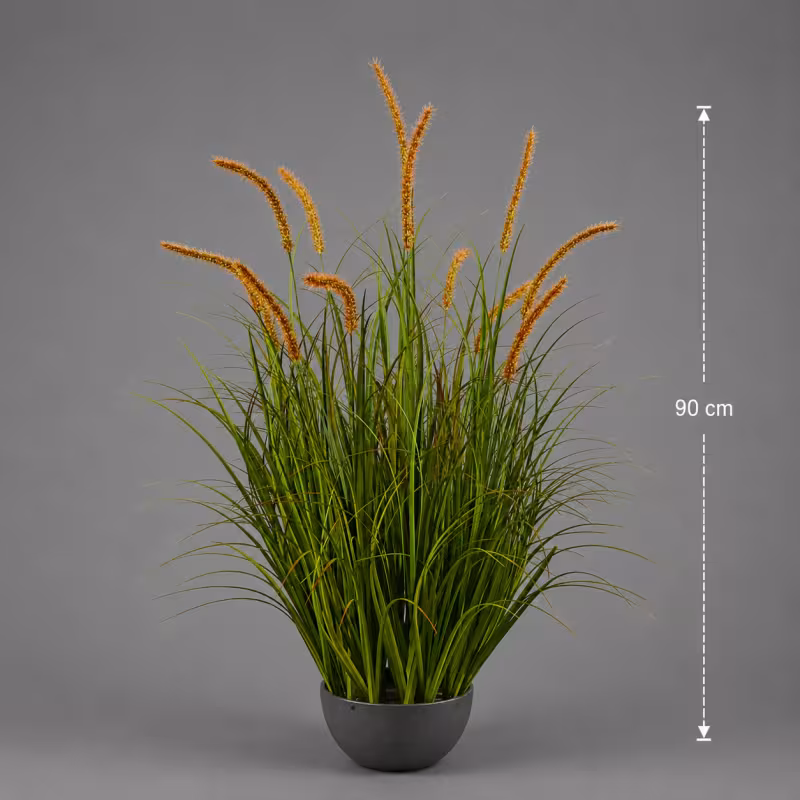 Previzualizare 2: Planta Artificiala Iarba Ornamentala Tip Coada de Pisica, 90cm, 13 tulpini, Iarba curbata si Spice, Verde Tomnal, Fara Ghiveci