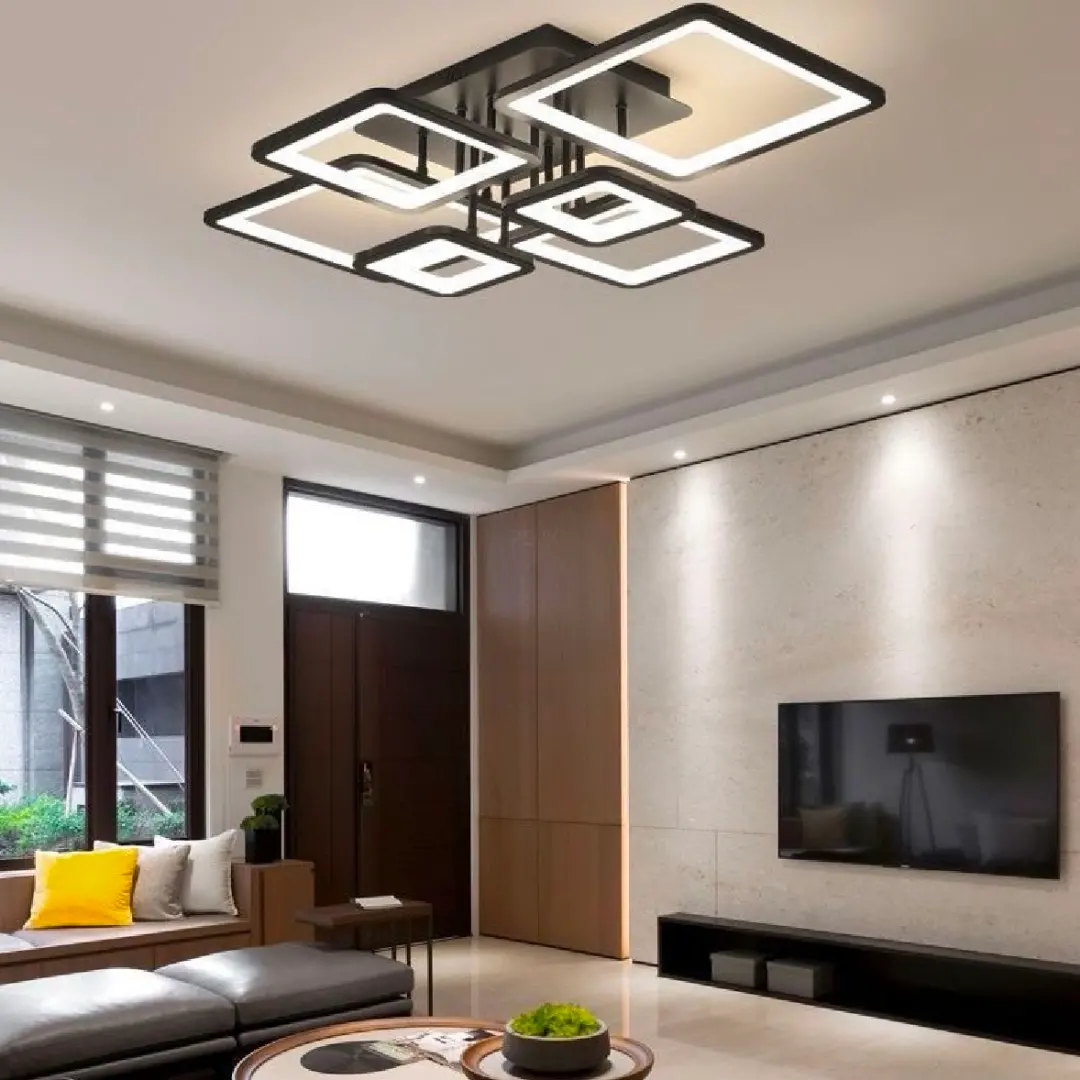 Lustra LED cu telecomanda ELLA 120W, 6 Patrate, lumina Rece/Calda/Neutra, Dimabila, Negru, Metal si Acril