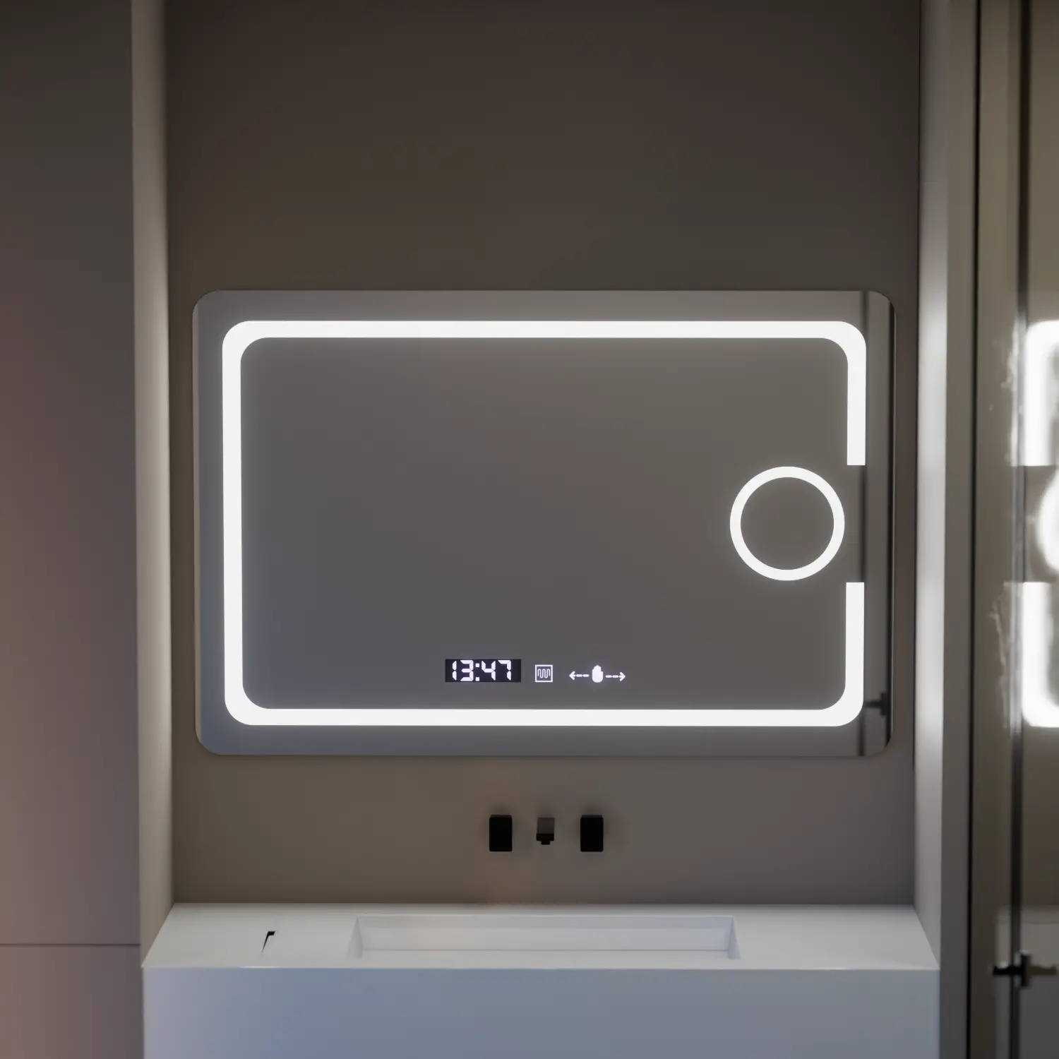 Oglinda LED Rectangulara, 110x75cm, Eclat MotionGlow Marcello, Sistem Dezaburire, Ceas & Termometru, Lupa Cosmetica, Dimabila