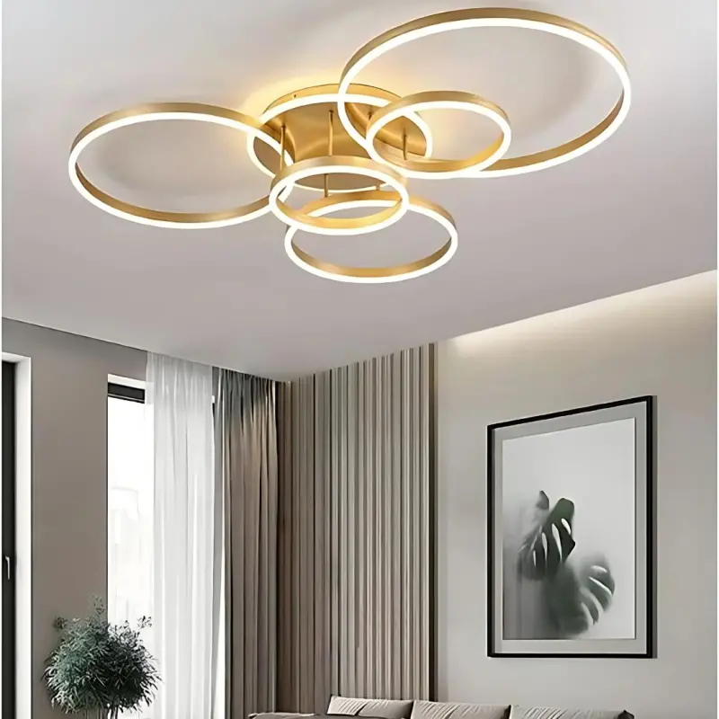 Previzualizare 4: Lustra LED cu Telecomnda RINOVA, 5 cercuri, 137W, Lumina Calda/Rece/Neutra, Dimabila, Auriu
