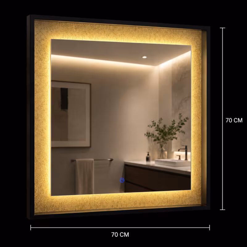 Previzualizare 3: Oglinda LED NUK, 70x70cm, 12W, Negru, Senzor, Lumina 3000K, 4000K, 6000K, Sistem Dezaburire, Metal, Functii Ceas si Temperatura