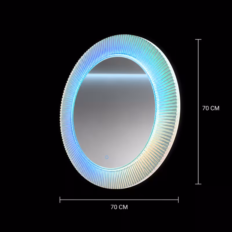 Previzualizare 3: Oglinda LED FISHMAN Rotunda, 70cm, Rama din acrilic cu efect irizat, Senzor, Lumina 3000K, 4000K, 6000K, Sistem Dezaburire, Acrilic, Functii Ceas si Temperatura