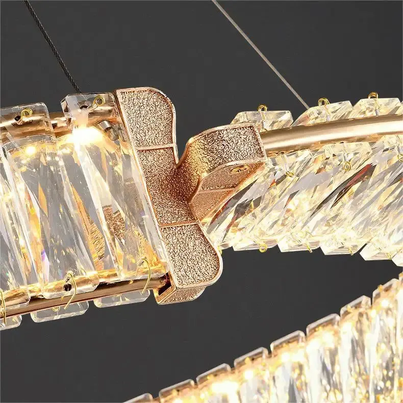 Previzualizare 2: Lustra LED suspendata cu cristal PRISM REGAL 117W, 2 Cercuri, lumina Rece/Calda/Neutra, Dimabila, Auriu, Inaltime Reglabila