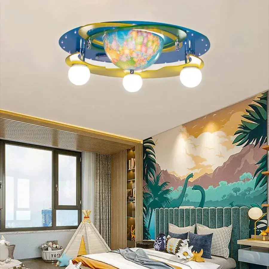 Lustra copii BETI cu Glob Pamantesc Rotativ, 3xE27, Boxa Bluetooth Integrata, Albastru