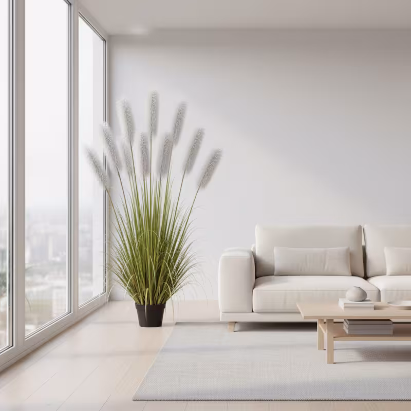 Planta Artificiala Iarba Ornamentala, 240cm, cu 9 fire, Stuf si Iarba, Verde si Gri, Fara Ghiveci