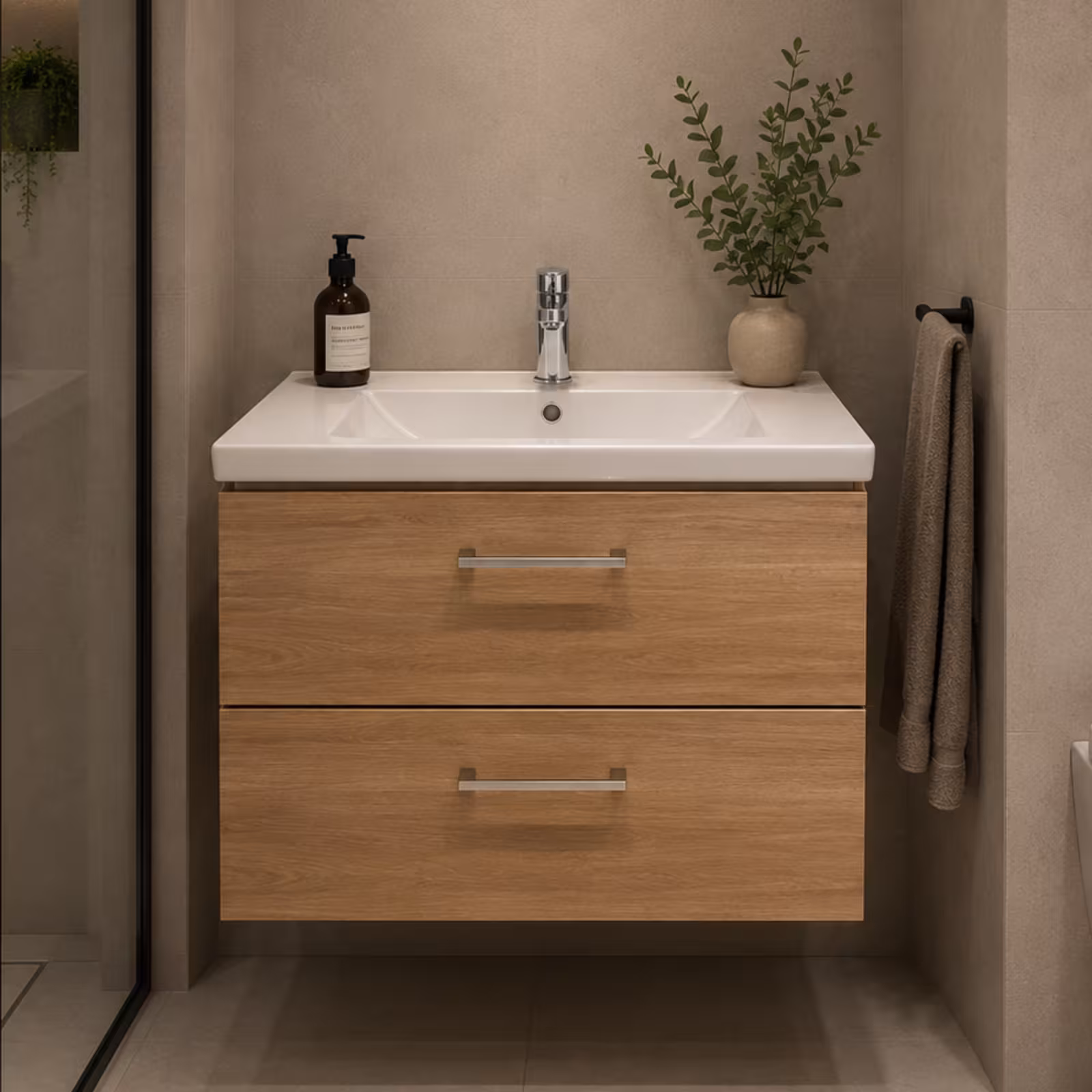 Set Mobilier CELO pentru Baie, Dulap Lavoar, 2 Sertare, Alb si Maro