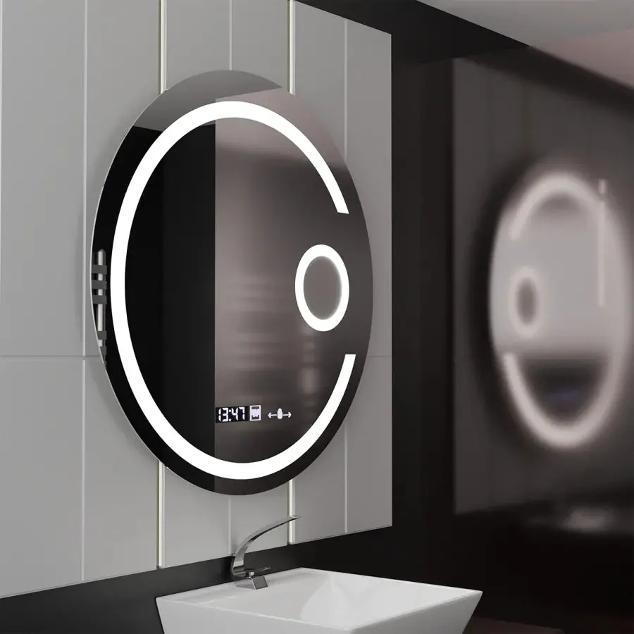 Oglinda LED Rotunda, 22W, 70cm, Visio MotionGlow Marcello, Sistem Dezaburire, Ceas & Termometru, Lupa Cosmetica, Dimabila