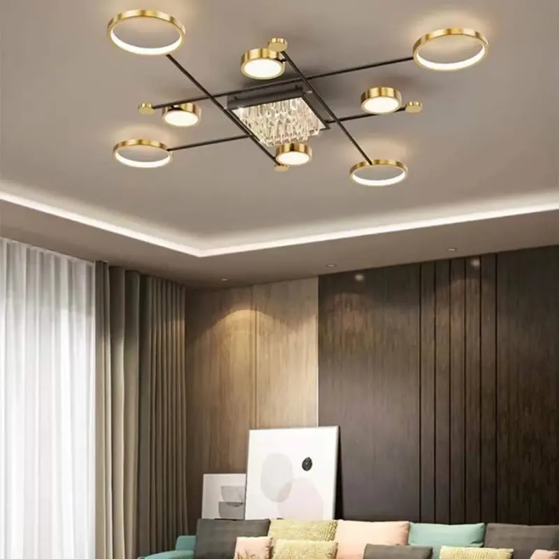 Lustra LED cu telecomanda si cristal MISEL 168W, 9 Elemente, lumina Rece/Calda/Neutra, Dimabila, Negru Auriu