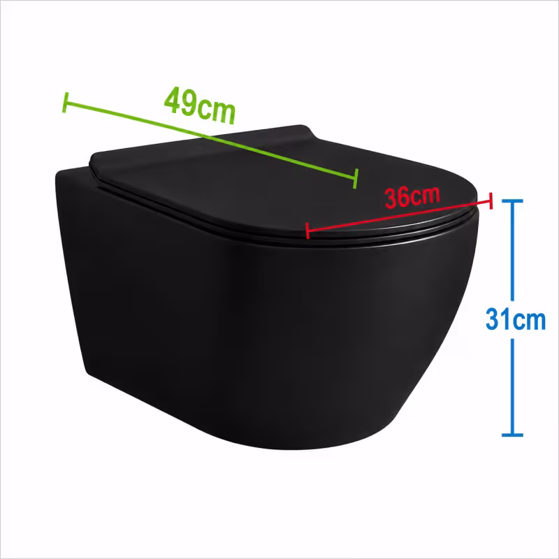 Previzualizare 3: Toaleta Suspendata Fara Rama NUNAVUT, Evacuare Orizontala (P-Trap) 18 cm, 49x36x31cm, Negru