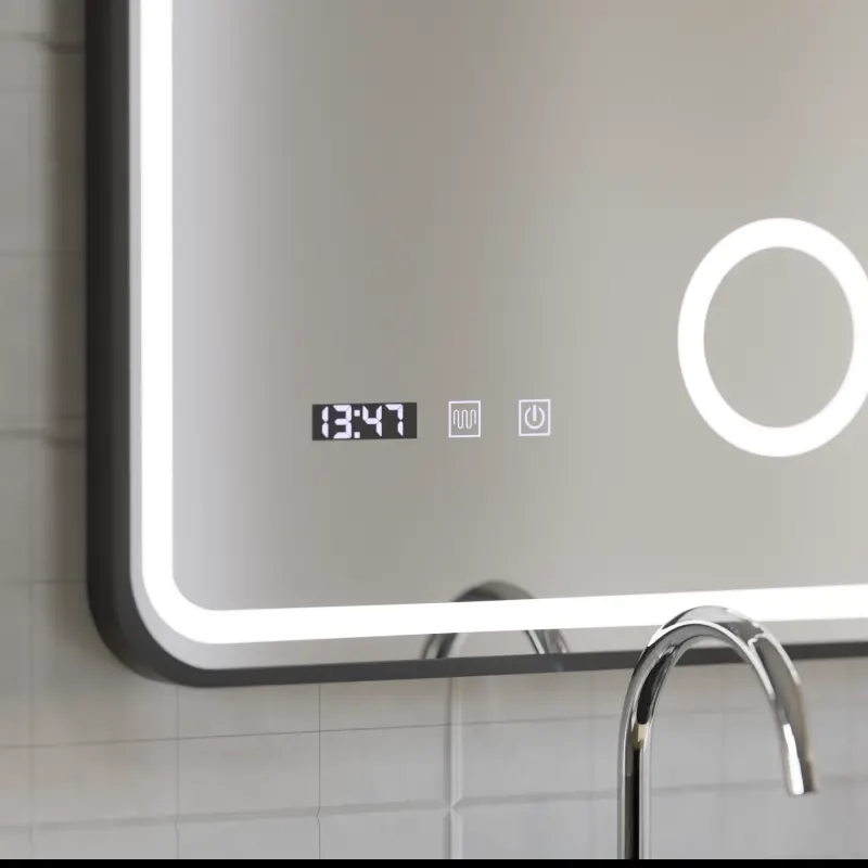 Previzualizare 2: Oglinda LED Touch Ulrich Sistem Dezaburire, Ceas si Temperatura 60x80 cm Rama Negru Brushed Lupa Cosmetica