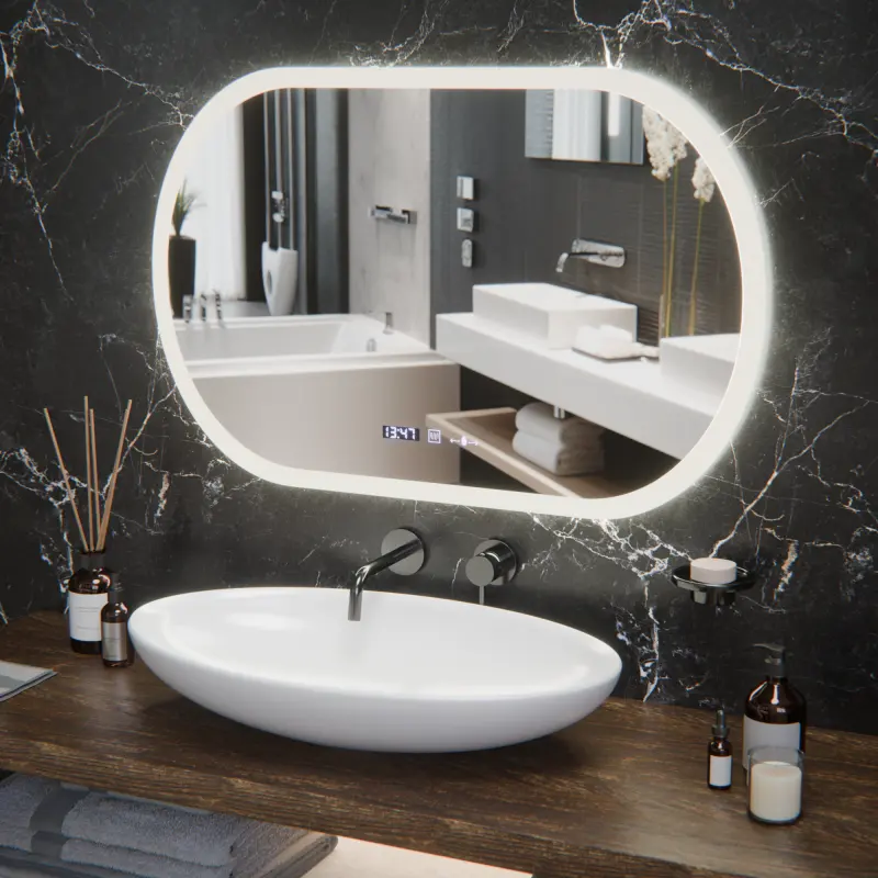 Oglinda LED Ovala, 80x50cm, Altera Senzor MotionGlow Marcello, Sistem Dezaburire, Ceas & Termometru, Dimabila