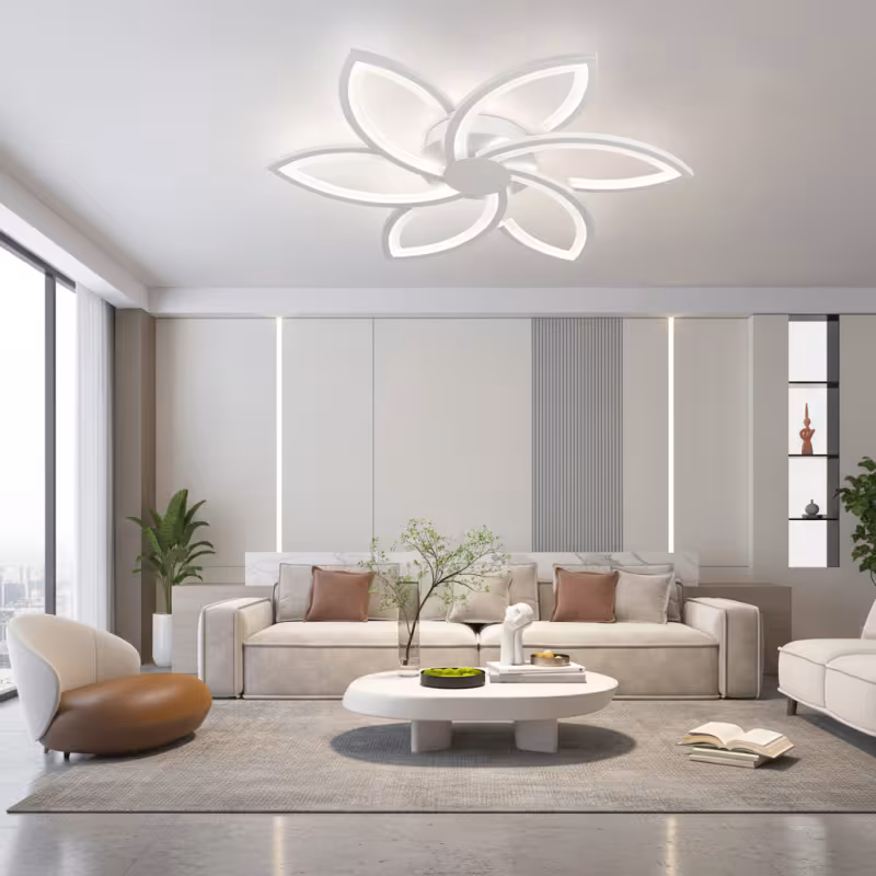 Lustra LED cu telecomanda si cristal FLORA 82W, 6 Petale, lumina Rece/Calda/Neutra, Dimabila, Alb