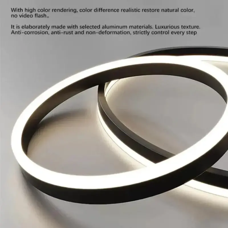 Previzualizare 2: Lustra LED suspendata cu telecomanda CASIANA 130W, 4 Cercuri, lumina Rece/Calda/Neutra, Dimabila, Negru, Inaltime Reglabila