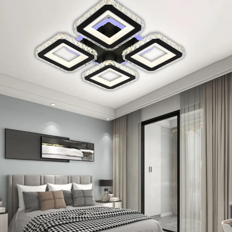 Lustra LED cu telecomanda si cristal LEILA RGB 69W, 4 Patrate, lumina Rece/Calda/Neutra, Dimabila, Negru